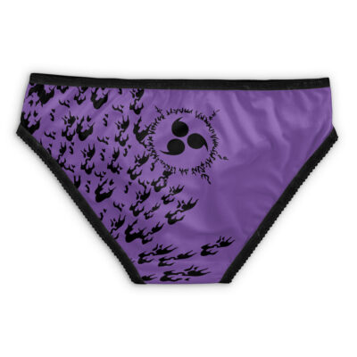 Kakashi Anbu Shippuden Panties (Copy): Purple bikini bottom featuring a black flame pattern on the left, a black circular symbol with three dots and spiral text on the top right, finished with black trim along the waistband and leg openings.