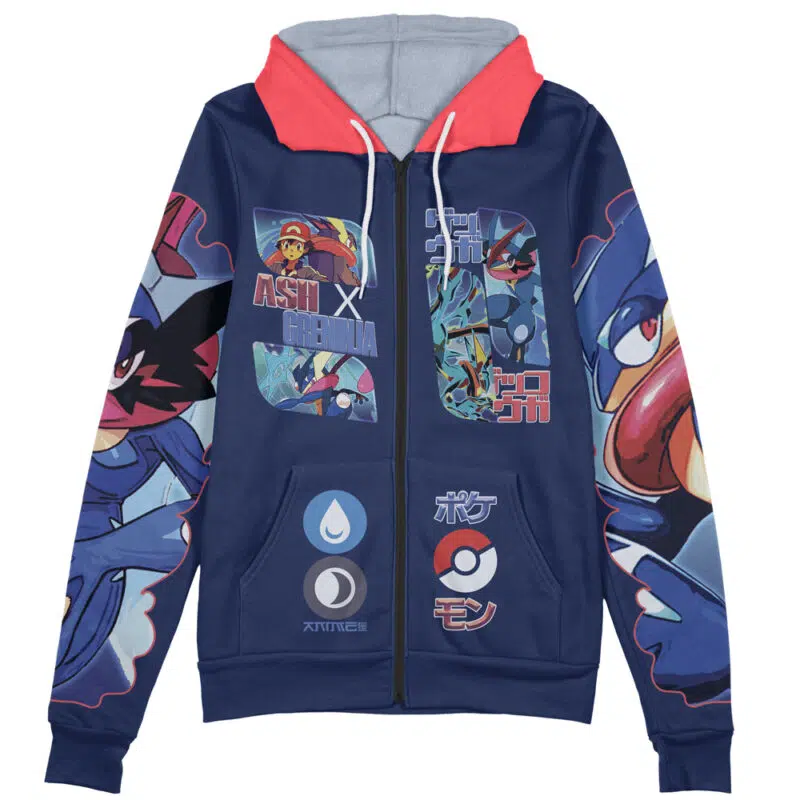 A blue zip-up hoodie inspired by Adventure Time, featuring Jake the Dog and Finn the Human streetwear graphics with unique designs on the front and sleeves.