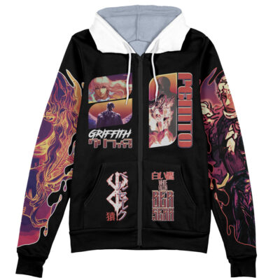The Ultramarines Space Marine Warhammer 40k Streetwear Zip Hoodie Jacket is a black zip-up hoodie featuring vibrant anime-inspired character art, bold stylized text, and graphic designs in red, purple, and orange on the sleeves and chest.