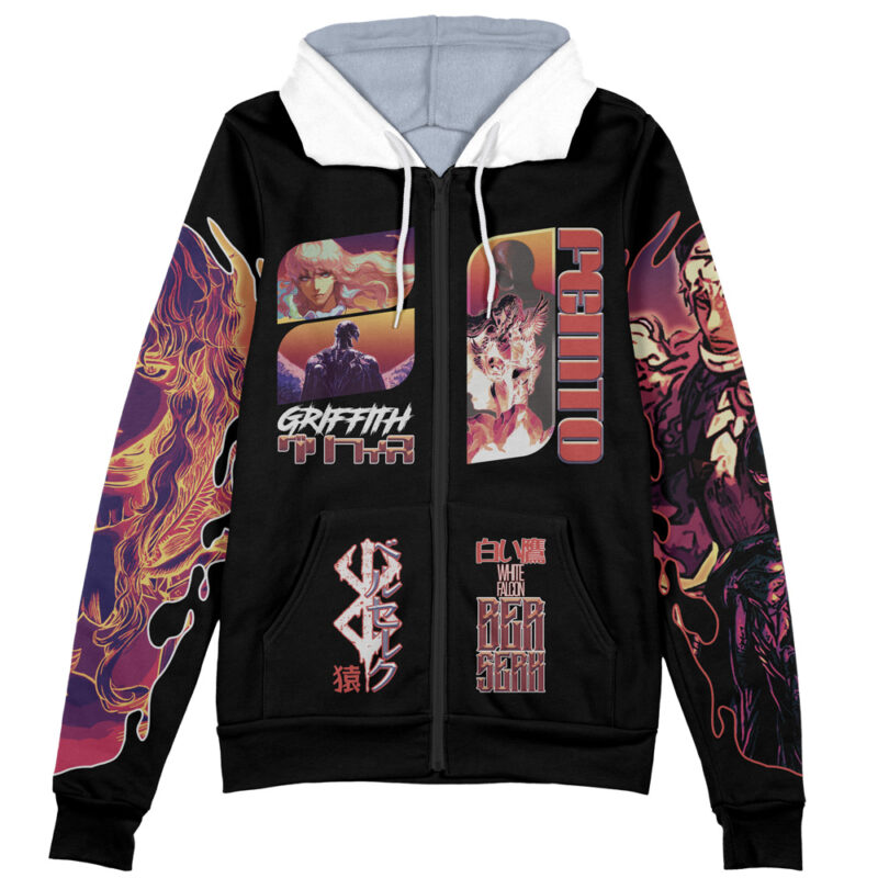 The Ultramarines Space Marine Warhammer 40k Streetwear Zip Hoodie Jacket is a black zip-up hoodie featuring vibrant anime-inspired character art, bold stylized text, and graphic designs in red, purple, and orange on the sleeves and chest.