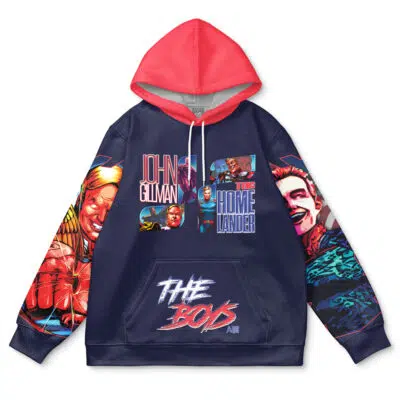 The Princess Mononoke Studio Ghibli Streetwear Hoodie features vibrant comic-style graphics on the sleeves and front, showcasing iconic characters in bold colors.