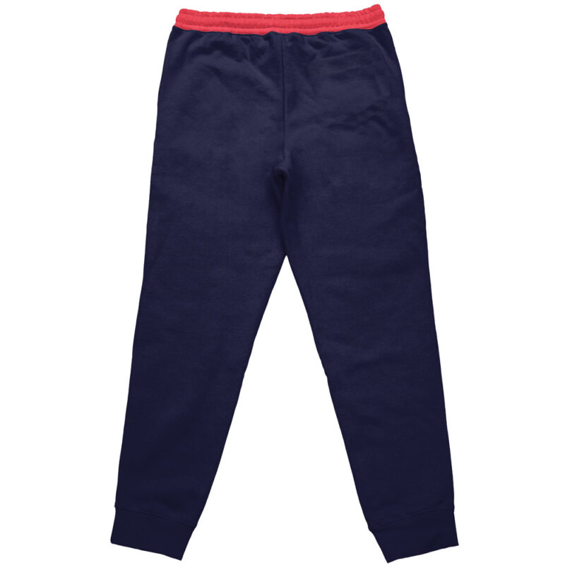 Princess Mononoke Studio Ghibli Streetwear Sweatpants in navy blue, shown from the back. They feature a red elastic waistband, cuffed ankles, and a simple, classic design.
