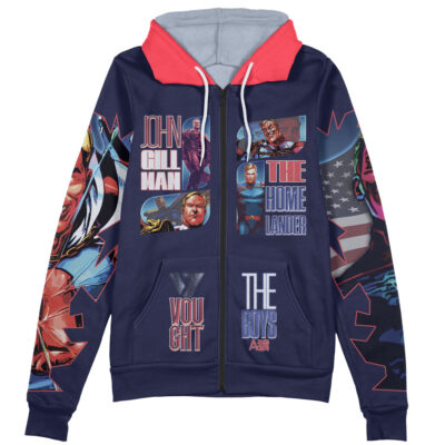 A navy blue zip-up hoodie featuring comic-style images and text panels with characters from Princess Mononoke, including Studio Ghibli designs and streetwear style.