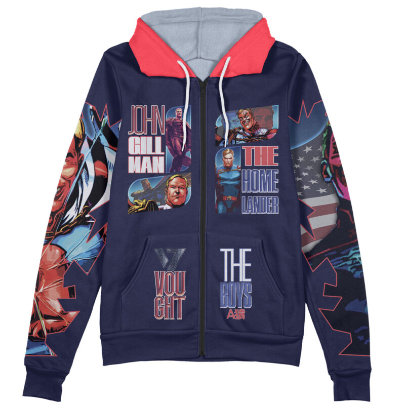 A navy blue zip-up hoodie featuring comic-style images and text panels with characters from Princess Mononoke, including Studio Ghibli designs and streetwear style.