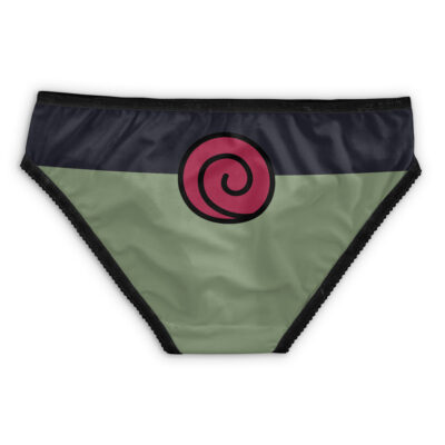 The Uzumaki Shippuden Panties feature a green bikini-style bottom, dark navy upper band, red swirl symbol at the center, and black trim outlining the waistband and leg openings.