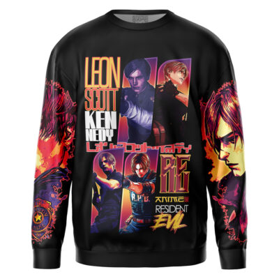 A black sweatshirt featuring dynamic illustrations of Lucario from Pokemon in action poses, with bold text and striking red, yellow, and purple accents.