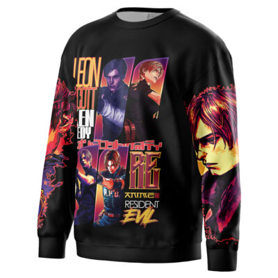 A black sweatshirt featuring colorful anime-style graphics and bold text, inspired by Lucario from Pokemon, with stylized images of Lucario and eye-catching streetwear design.