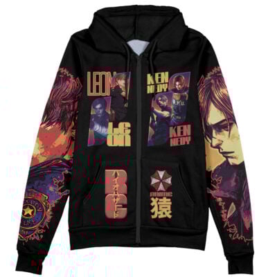 Black zip-up hoodie featuring bold illustrations and text inspired by Lucario from Pokémon, with vibrant images, stylized graphics, and streetwear design accents in red and yellow tones.
