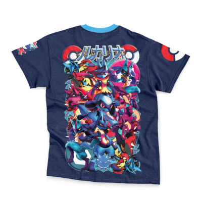The Ash-Greninja V2 Pokemon Streetwear T-Shirt (Copy) is a navy blue tee with colorful Lucario artwork and dynamic poses on the back, accented by Poké Ball designs and Japanese text above the characters.