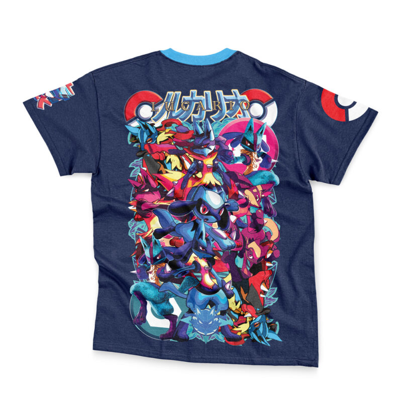 The Ash-Greninja V2 Pokemon Streetwear T-Shirt (Copy) is a navy blue tee with colorful Lucario artwork and dynamic poses on the back, accented by Poké Ball designs and Japanese text above the characters.