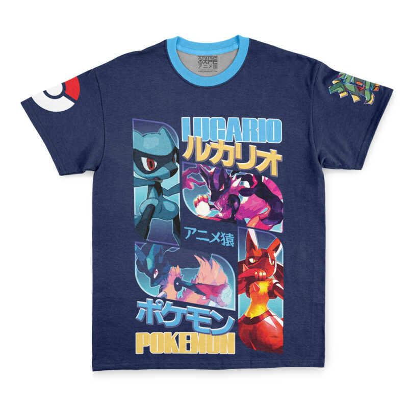 Navy blue Ash-Greninja V2 Pokémon streetwear t-shirt with bold Japanese and English text, Poké Ball graphic on one sleeve, colorful Ash-Greninja artwork on the front, and another Pokémon featured on the other sleeve.