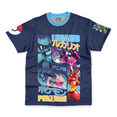 Navy blue Ash-Greninja V2 Pokémon streetwear T-shirt featuring Lucario in multiple poses with Japanese and English text, colorful graphics, a Poké Ball on one sleeve, and a green-yellow graphic on the other.
