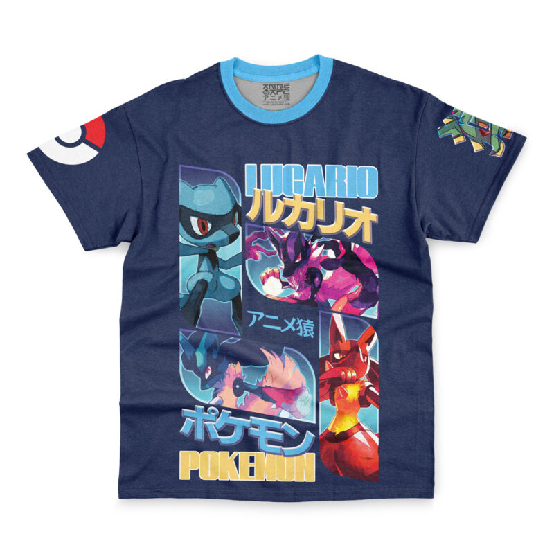 Navy blue Ash-Greninja V2 Pokémon streetwear T-shirt featuring Lucario in multiple poses with Japanese and English text, colorful graphics, a Poké Ball on one sleeve, and a green-yellow graphic on the other.
