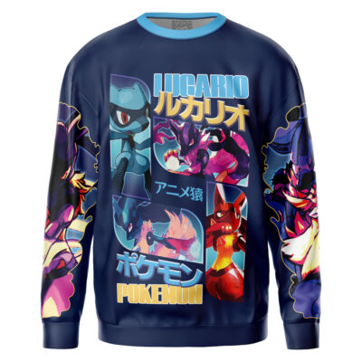 A navy blue Ash-Greninja V2 Pokemon Streetwear Sweatshirt features dynamic, colorful images of Ash-Greninja with bold Japanese and English text, including Ash-Greninja and Pokémon, plus comic-style art on the front and sleeves.