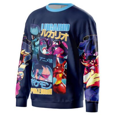 A navy blue Ash-Greninja V2 Pokemon Streetwear Sweatshirt with colorful Lucario illustrations, Japanese text, and “POKEMON” in bold yellow on the front and sleeves.