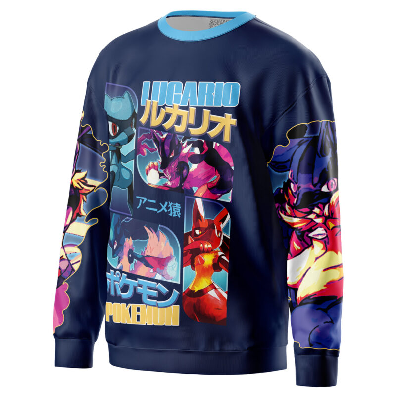 A navy blue Ash-Greninja V2 Pokemon Streetwear Sweatshirt with colorful Lucario illustrations, Japanese text, and “POKEMON” in bold yellow on the front and sleeves.