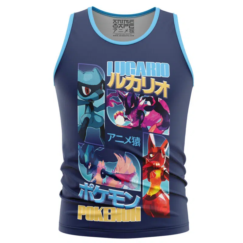 Sleeveless navy Ash-Greninja V2 Pokemon Streetwear Tank Top with four colorful Lucario illustrations and bold Japanese and English text, including “Lucario” and “Pokemon.” Light blue trim accents neckline and armholes.