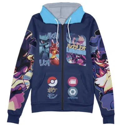 The Ash-Greninja V2 Pokemon Streetwear Zip Hoodie Jacket features a navy blue zip-up design with light blue hood lining, dynamic Lucario graphics, Japanese text, Poké Ball and badge icons, plus colorful sleeve artwork.