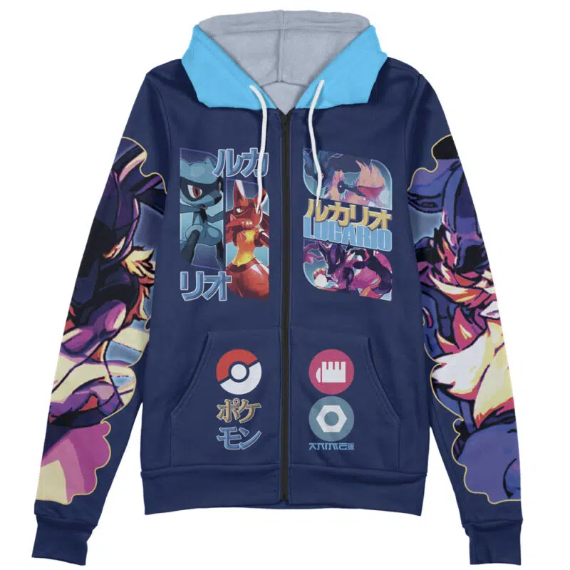 The Ash-Greninja V2 Pokemon Streetwear Zip Hoodie Jacket features a navy blue zip-up design with light blue hood lining, dynamic Lucario graphics, Japanese text, Poké Ball and badge icons, plus colorful sleeve artwork.