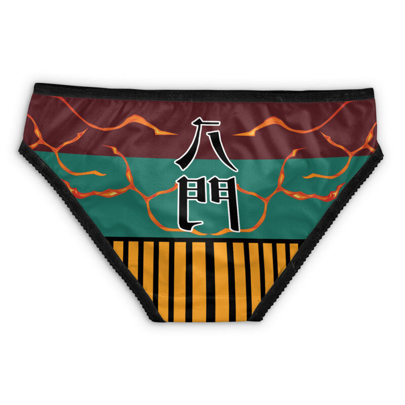 Gaara Gourd Shippuden Panties: Colorful underwear with black trim, stylized Asian characters at the center, orange lightning on maroon and green background, finished with vertical yellow and black stripes at the bottom.