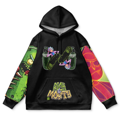 The Leon Scott Kennedy Resident Evil Streetwear Hoodie features bold, colorful character art and a stylized Resident Evil logo on the sleeves and pocket, with Leon Kennedy in the center against striking green and purple accents.
