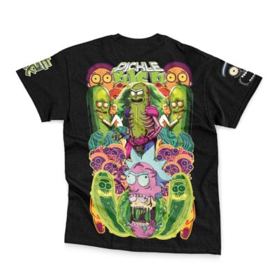 Black streetwear t-shirt featuring Leon Scott Kennedy from Resident Evil in an action pose, surrounded by multiple versions of himself and vibrant green, yellow, and purple accents.