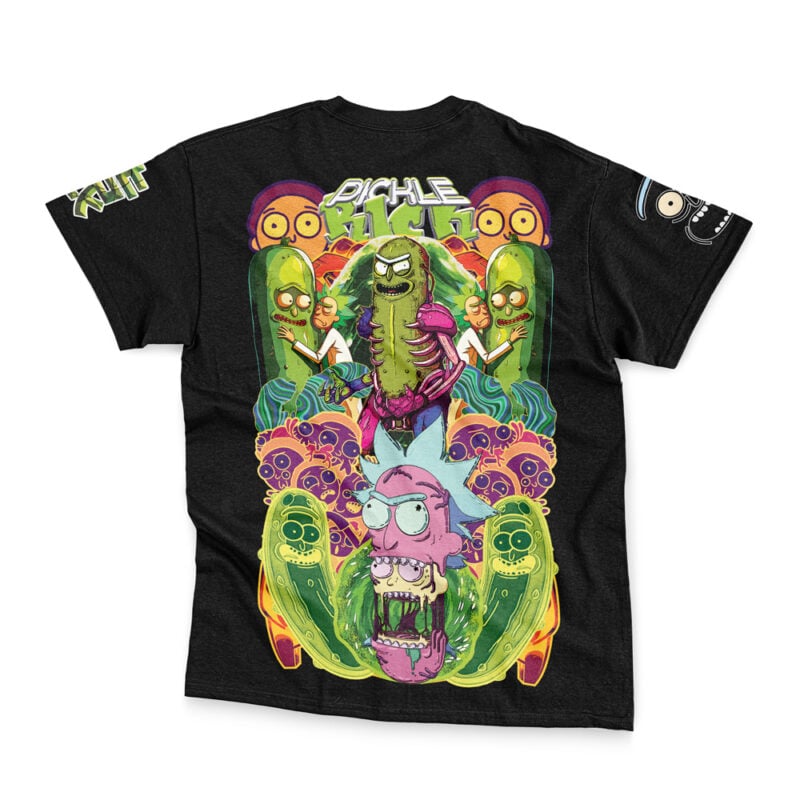 Black streetwear t-shirt featuring Leon Scott Kennedy from Resident Evil in an action pose, surrounded by multiple versions of himself and vibrant green, yellow, and purple accents.