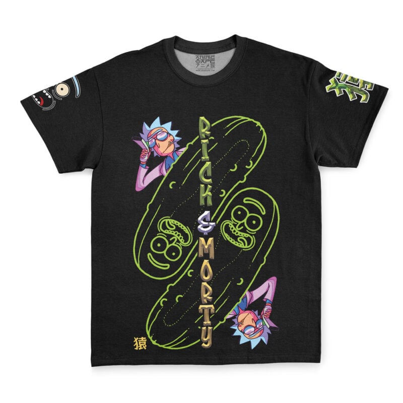 Black T-shirt featuring Leon Scott Kennedy Resident Evil streetwear graphics, stylized text vertically, and illustrations of Leon wearing sunglasses. Additional graphic details are present on the sleeves.
