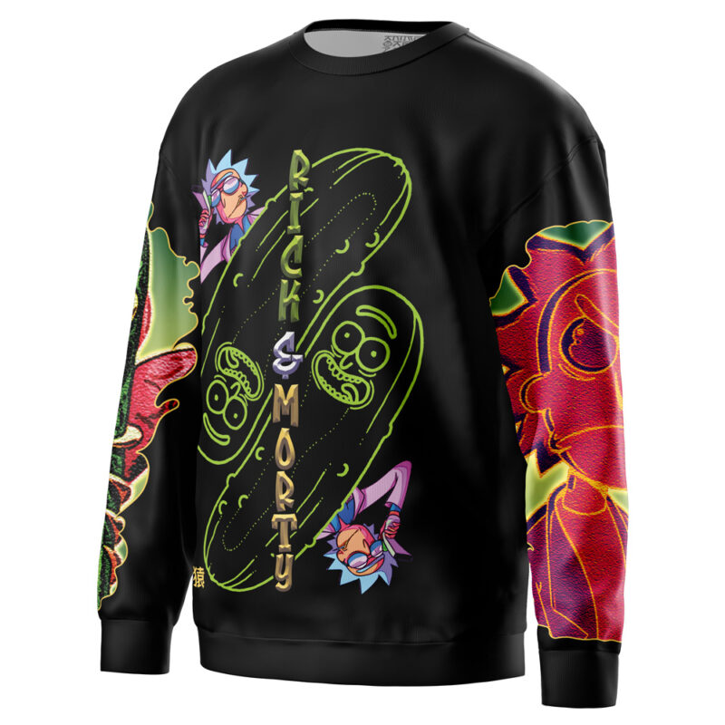 A black Leon Scott Kennedy Resident Evil streetwear sweatshirt featuring bold graphics and vibrant, colorful abstract sleeve designs.