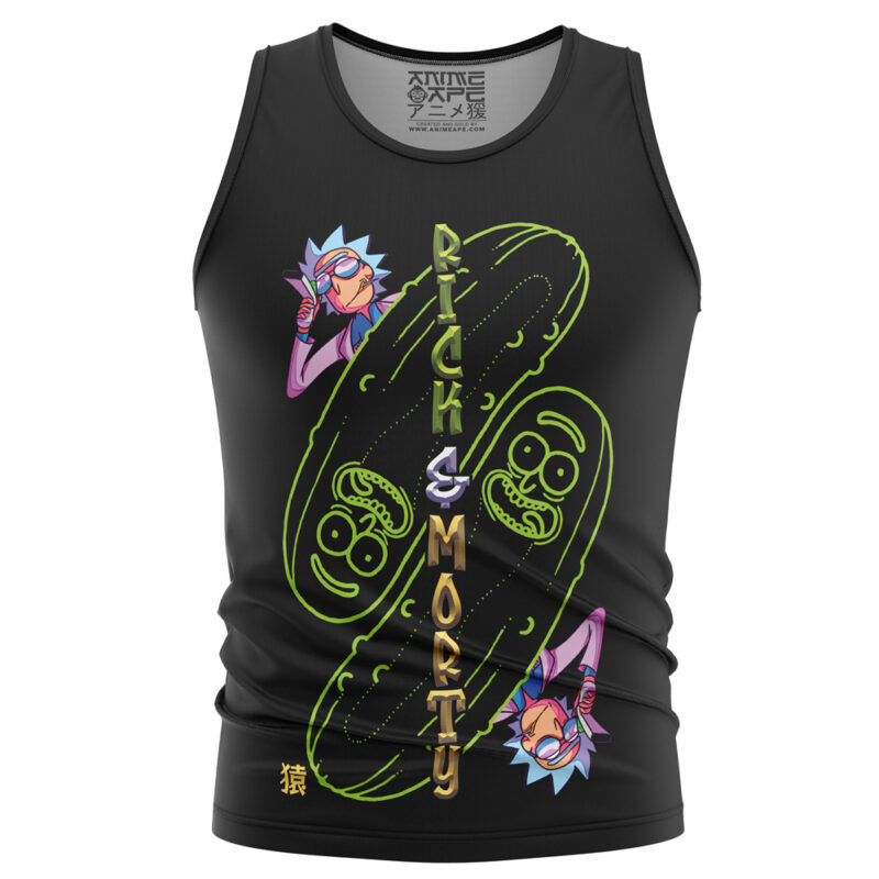A black tank top featuring a Leon Scott Kennedy Resident Evil streetwear design with bold graphics and vibrant text.