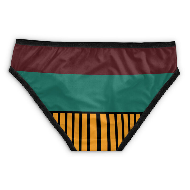 The Konoha Jonin Shippuden Panties have three horizontal sections: burgundy on top, green in the middle, and yellow with black vertical stripes at the bottom. Black trim accents the edges.