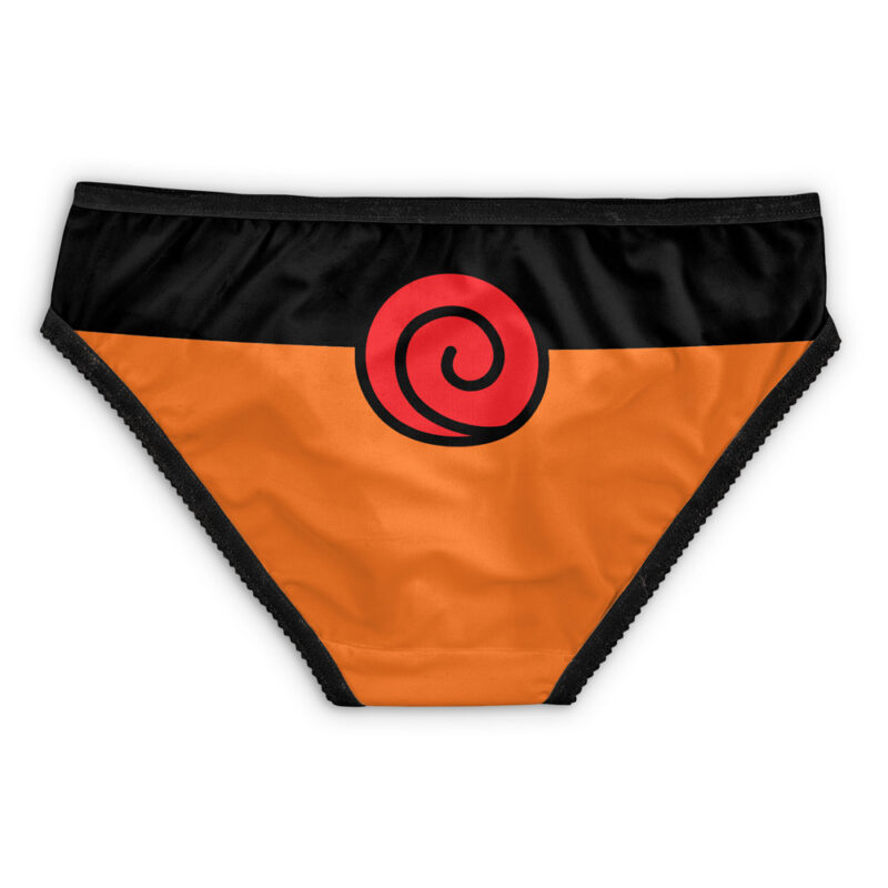 The Uchiha Symbol Shippuden Panties feature orange and black fabric with a red spiral symbol on the waistband, inspired by the Naruto anime series.