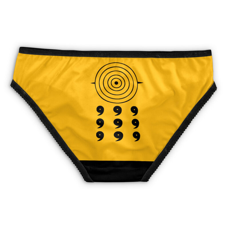 The Sage of the Six Paths Shippuden Panties are yellow bikini-style underwear with a black waistband, black trim, a black target graphic, and twelve black number nines in three rows below the target.