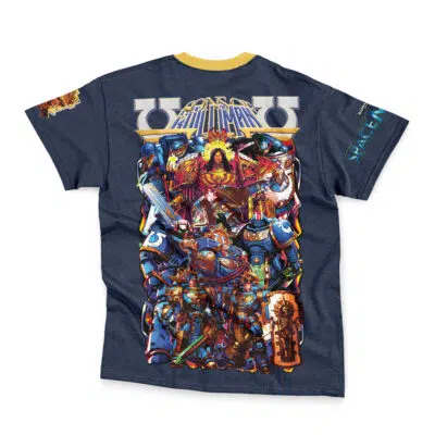 The Jedi Grand Master Yoda Star Wars Streetwear T-Shirt features vibrant artwork of armored warriors, a central red-clad female, bold Space Ultima text on top, and yellow accents on the navy blue collar and shoulders.