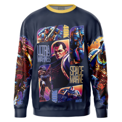 A navy sweatshirt features colorful, detailed comic-style artwork of Jedi Grand Master Yoda from Star Wars, with bold text and action scenes across the front and sleeves.