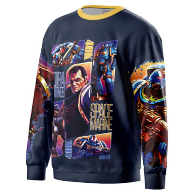 Navy blue sweatshirt featuring vibrant comic-style illustrations of Jedi Grand Master Yoda from Star Wars, with bold text reading YODA, JEDI MASTER, and STAR WARS in various colors.