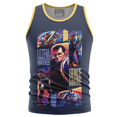 A navy blue tank top with yellow trim featuring Star Wars artwork of Jedi Grand Master Yoda, bold text reading STAR WARS and JEDI GRAND MASTER, and dynamic sci-fi action scenes.