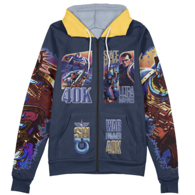 A navy blue zip-up hoodie with yellow hood lining, featuring Jedi Grand Master Yoda Star Wars artwork, characters, and logos on the front, sleeves, and pockets.
