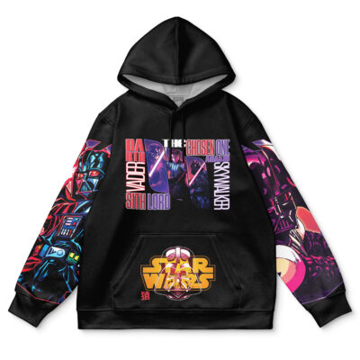 A black Pickle Rick Rick and Morty Streetwear Hoodie featuring colorful, stylized illustrations of Pickle Rick on the chest and sleeves, with text from the show plus a yellow Rick and Morty logo on the pocket.