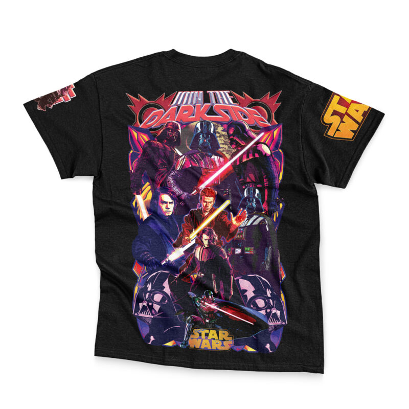 Black t-shirt with vibrant Rick and Morty Pickle Rick artwork on the back. Features bold JOIN THE DARK SIDE text and streetwear logos on the sleeves.