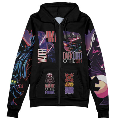 A black Pickle Rick Rick and Morty streetwear zip hoodie jacket featuring bold, colorful comic-style graphics and text on the front, sleeves, and hood.