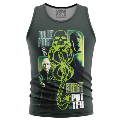 Dark green Griffith V2 Berserk Streetwear Tank Top featuring bold artwork of a large green snake and skull in the center, with stylized “Voldemort” and “Harry Potter” text.