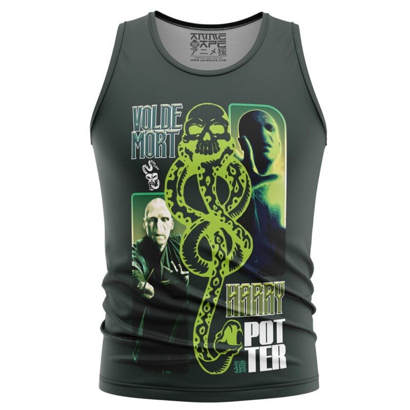 Dark green Griffith V2 Berserk Streetwear Tank Top featuring bold artwork of a large green snake and skull in the center, with stylized “Voldemort” and “Harry Potter” text.