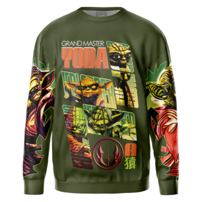 An olive green streetwear sweatshirt featuring vibrant, comic-style Anakin Skywalker and Darth Vader illustrations, bold Star Wars graphics, and themed symbols on the front and sleeves.