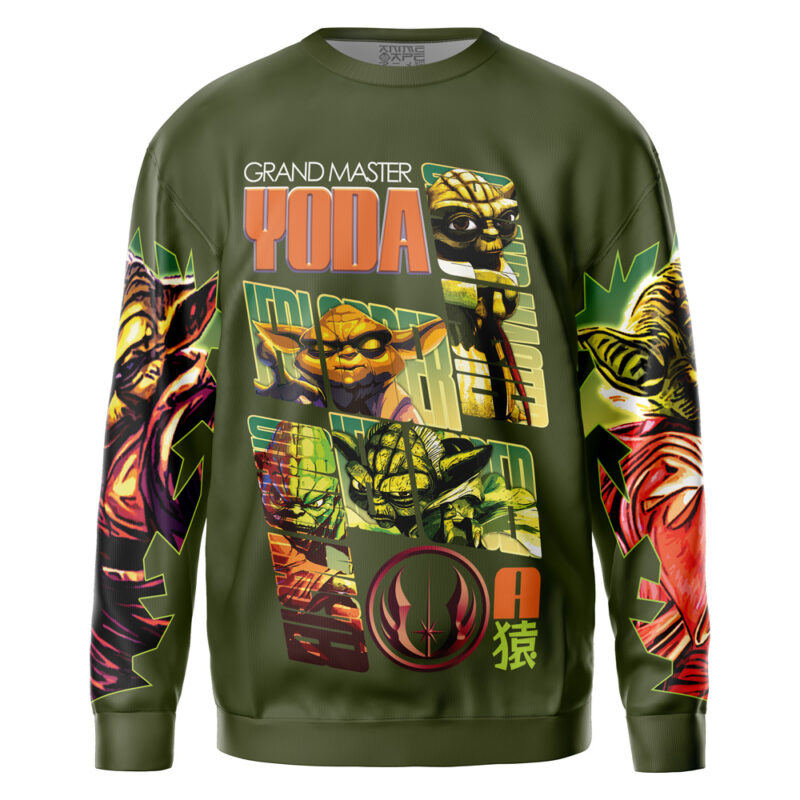 An olive green streetwear sweatshirt featuring vibrant, comic-style Anakin Skywalker and Darth Vader illustrations, bold Star Wars graphics, and themed symbols on the front and sleeves.