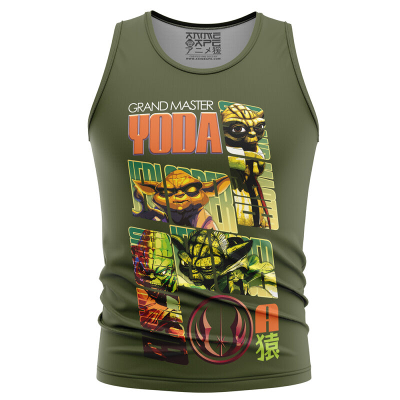 Streetwear tank top in olive green featuring vibrant, stylized images of Anakin Skywalker and Darth Vader, bold text Anakin x Vader, and a Jedi Order symbol below the illustrations.