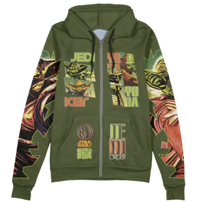 A green Anakin Skywalker x Darth Vader Star Wars zip hoodie featuring vibrant comic-style art and Jedi Order symbols on the front and sleeves.