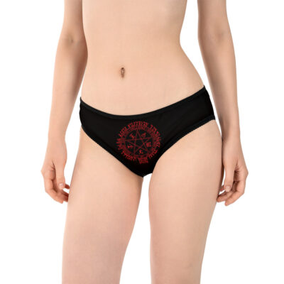 A woman models the Simon Coat Gurren Lagann Panties (Copy), featuring black fabric with a red occult-style circular symbol and text on the front; shown from mid-thigh to just below her shoulders.