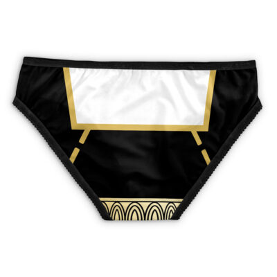Bond Forger Spy X Family Panties (Copy): Black underwear with gold and white geometric design, a rectangular white panel trimmed in gold, and a decorative patterned waistband.