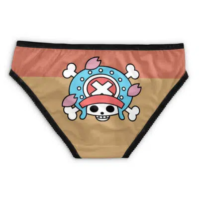Luffy Egghead One Piece Panties: Bikini-style underwear with a cartoon skull wearing a blue helmet, red X, antlers, and crossbones on a tan and brown background, finished with black trim.